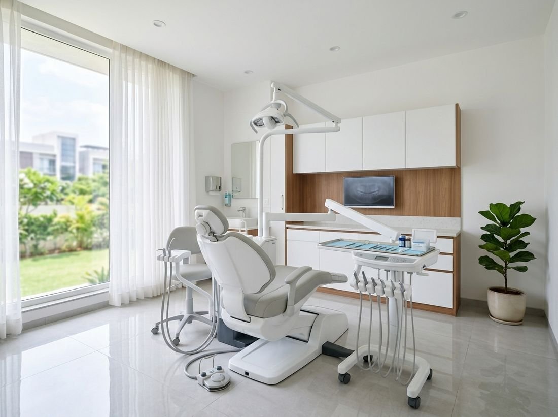 A dental treatment room with a chair, overhead light and a wide window