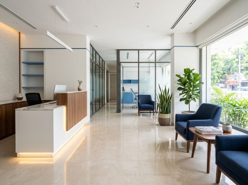 A dental clinic reception desk and waiting lounge with blue armchairs