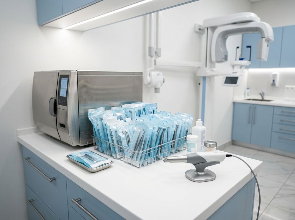 An autoclave steriliser beside sealed pouches of dental instruments