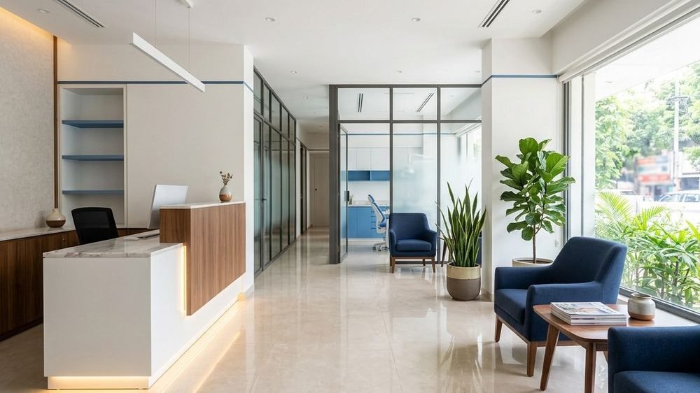 A bright dental clinic reception and waiting area with blue seating and natural light