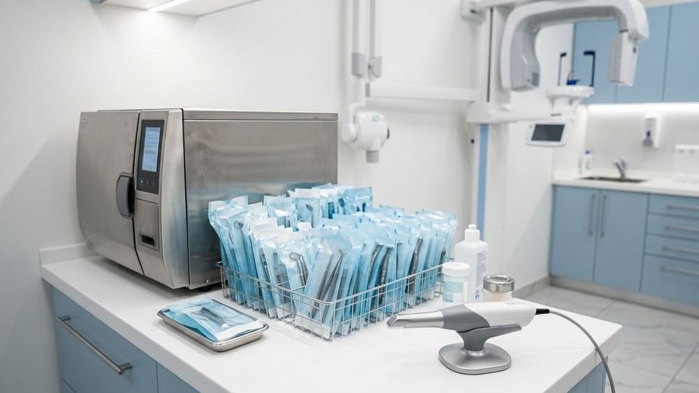 Sealed sterilised dental instruments beside an autoclave in a clinic preparation area
