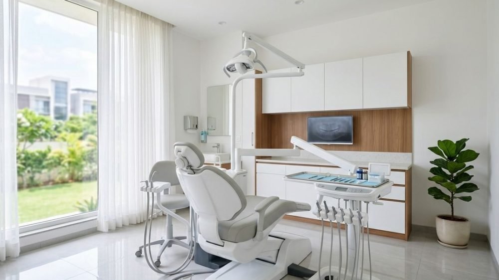 A clean, modern dental treatment room with a dental chair beside a window