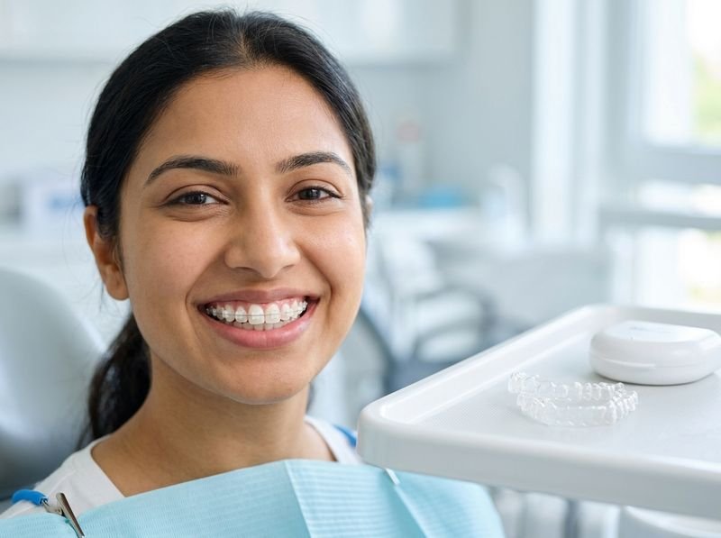 A smiling patient wearing fixed braces, with a set of clear aligners on the tray beside the chair