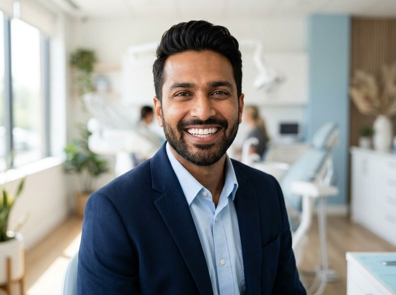 A man smiling in the waiting area of a dental clinic