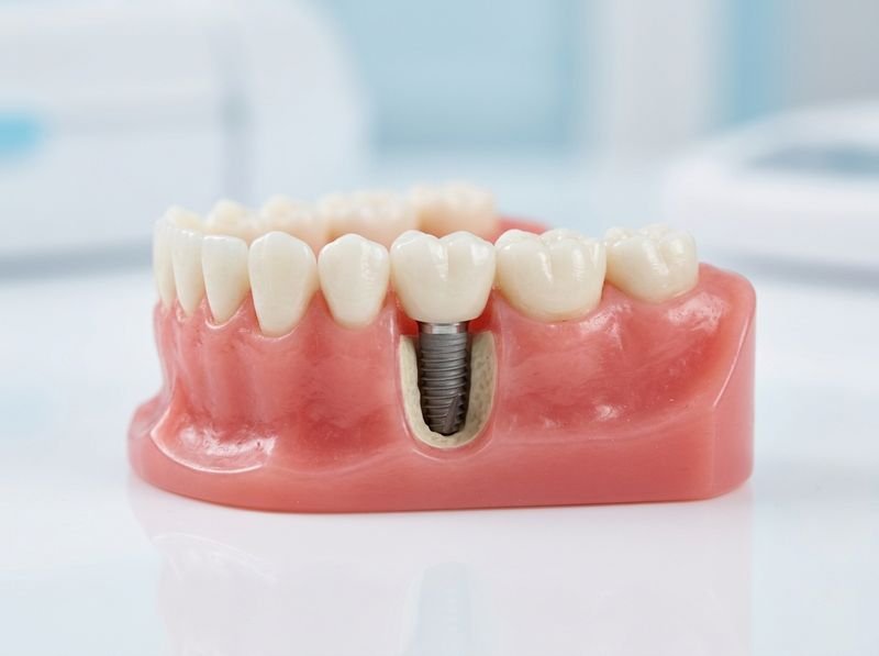 Anatomical model of a lower jaw showing a single dental implant beneath a crown