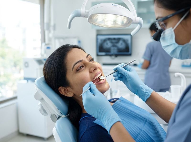 A patient reclined in a dental chair while a dentist examines an upper tooth with a mirror and probe