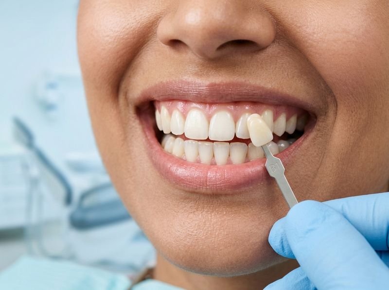 A dentist holding a tooth shade tab against a patient's front teeth to record their colour