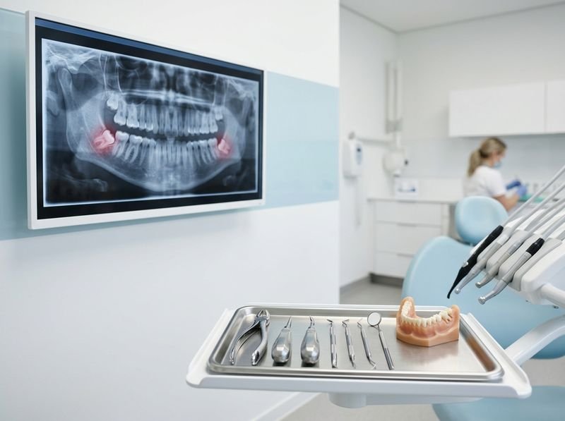 A panoramic dental X-ray on a wall screen with both wisdom teeth highlighted, and extraction instruments laid out on a tray
